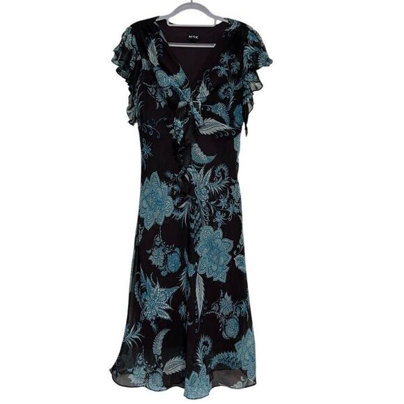 MSK Midi Dress Women's Sz 10 Brown Teal Floral Twist Front Ruffle Flutter Sleeve - Picture 2 of 16